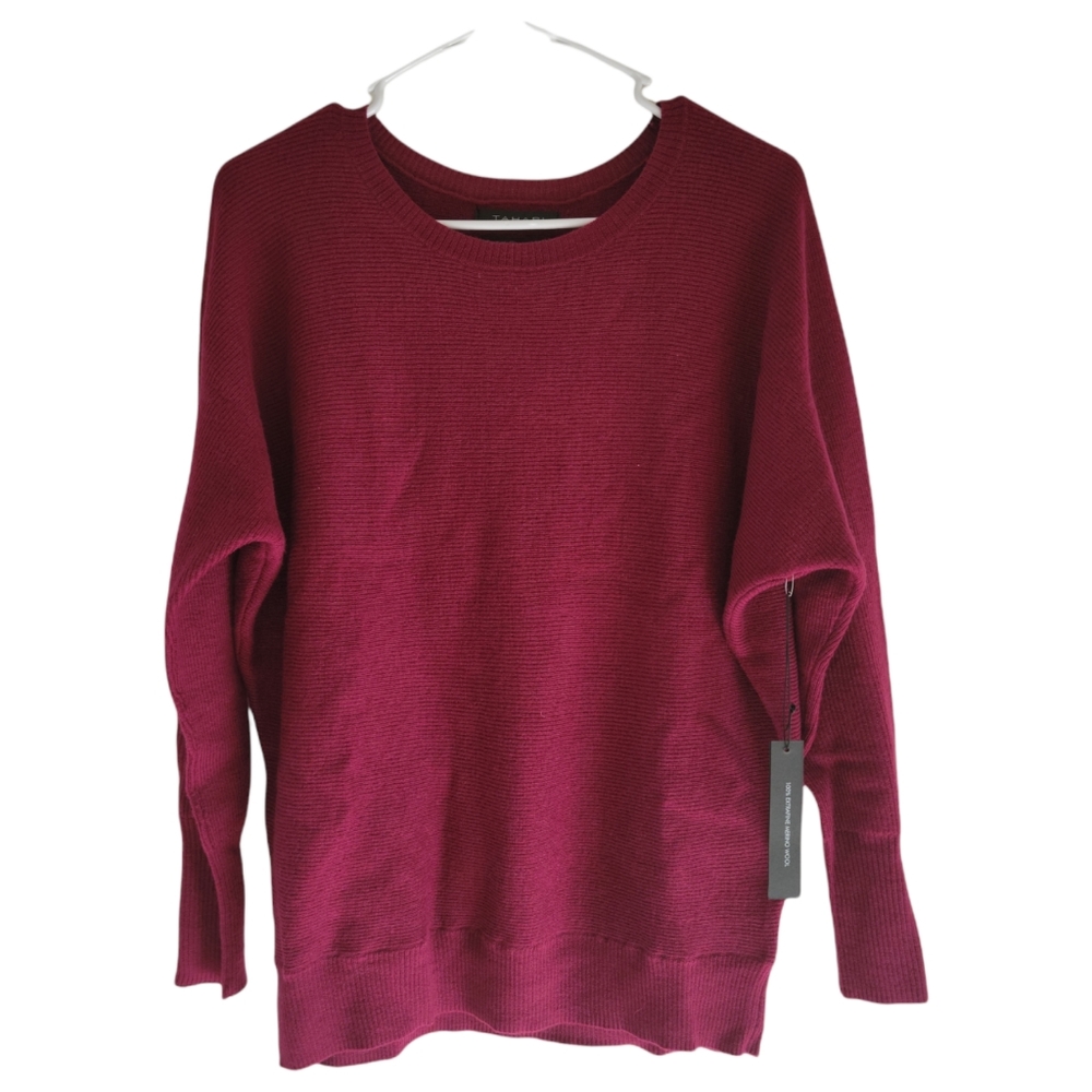 Tahari Women's Red Maroon Ribbed 100% Extra Fine Merino Wool Sweater Top Sz S